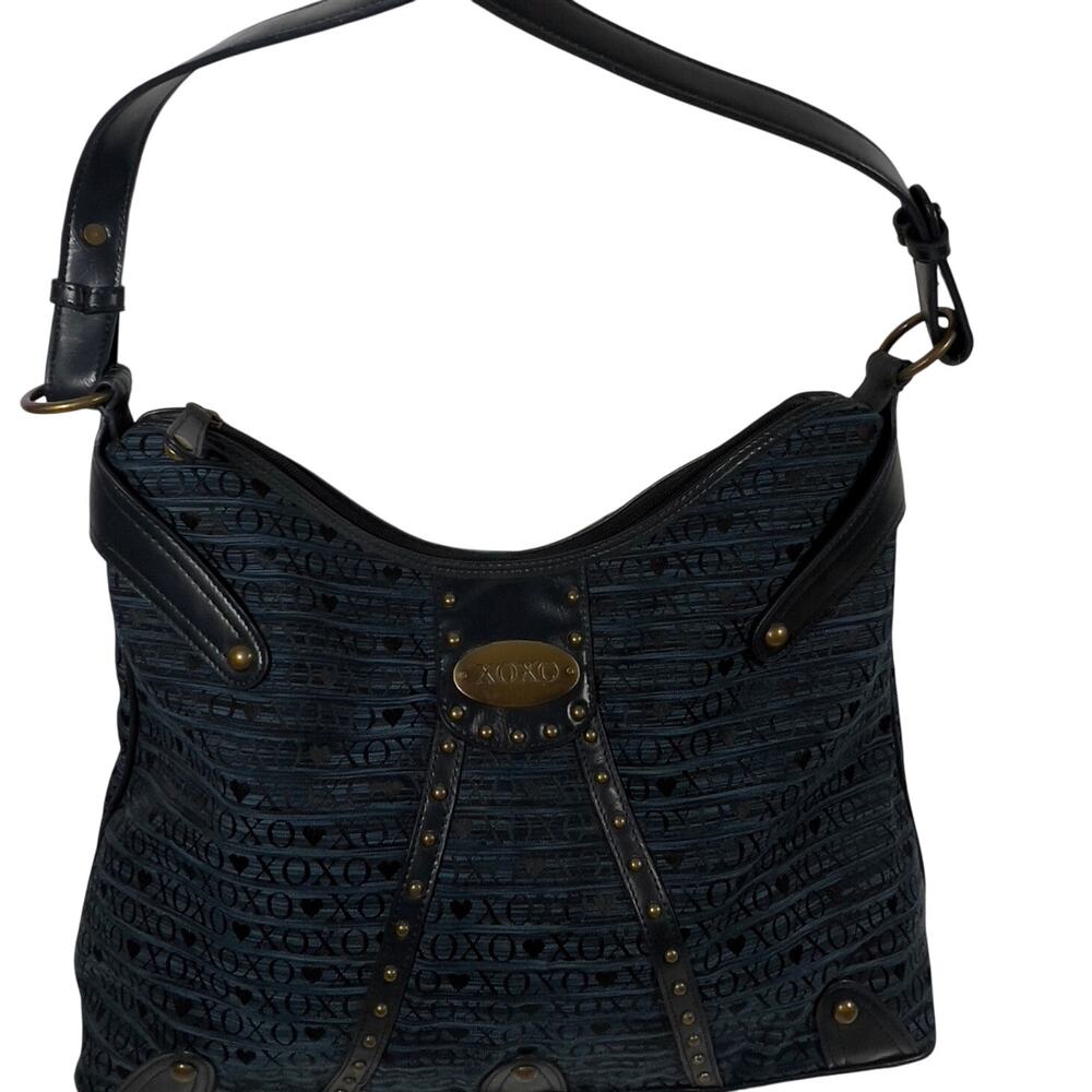 Large Vintage XOXO Hobo Blue Black Letters Brass Studded Y2K Zippered Tote Bag